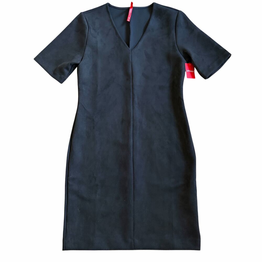 SPANX NWT Classic Black Faux Suede Column V-neck Dress Size S Stretch